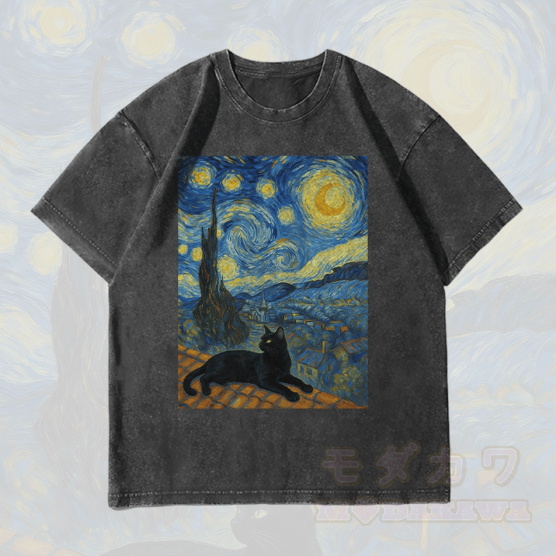 MODAKAWA Schwarze Katze unter dem Nachthimmel Grafik Unisex Vintage Washed T-Shirt - Schwarz - 4XL - image 4