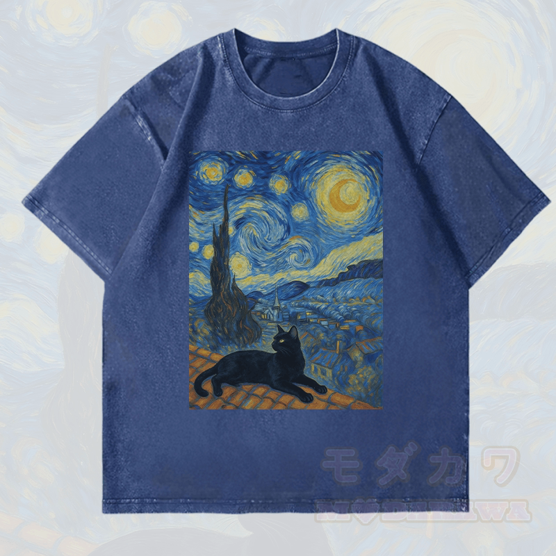 MODAKAWA Schwarze Katze unter dem Nachthimmel Grafik Unisex Vintage Washed T-Shirt - Dunkelblau - 4XL - image 2