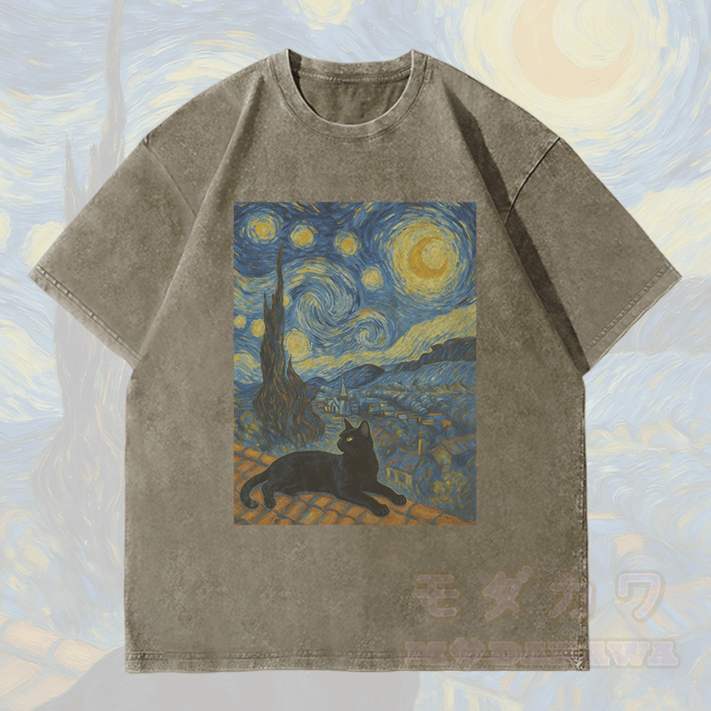 MODAKAWA Schwarze Katze unter dem Nachthimmel Grafik Unisex Vintage Washed T-Shirt - Armeegrün - 4XL - image 3