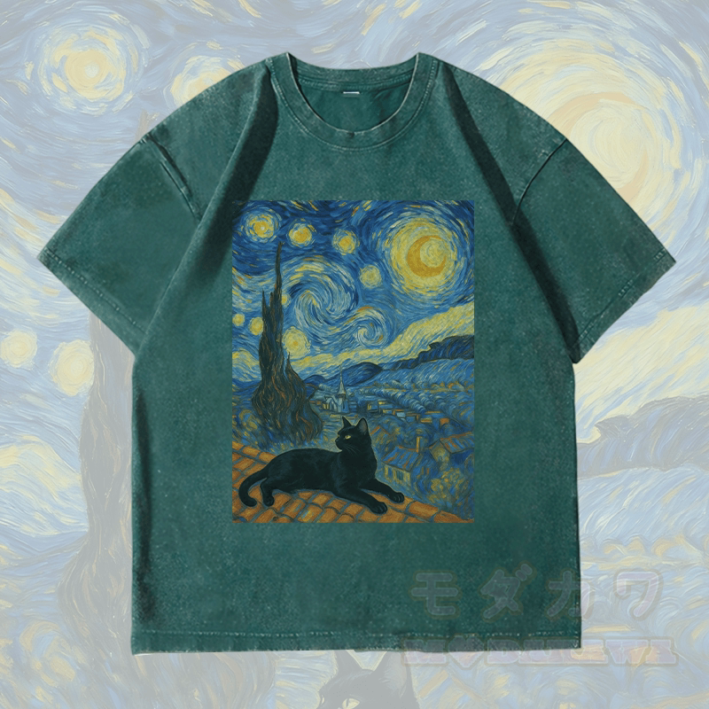 MODAKAWA Schwarze Katze unter dem Nachthimmel Grafik Unisex Vintage Washed T-Shirt - Dunkelgrün - 4XL - image 1