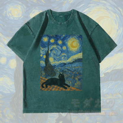 MODAKAWA Schwarze Katze unter dem Nachthimmel Grafik Unisex Vintage Washed T-Shirt - Dunkelgrün - 4XL - image 1