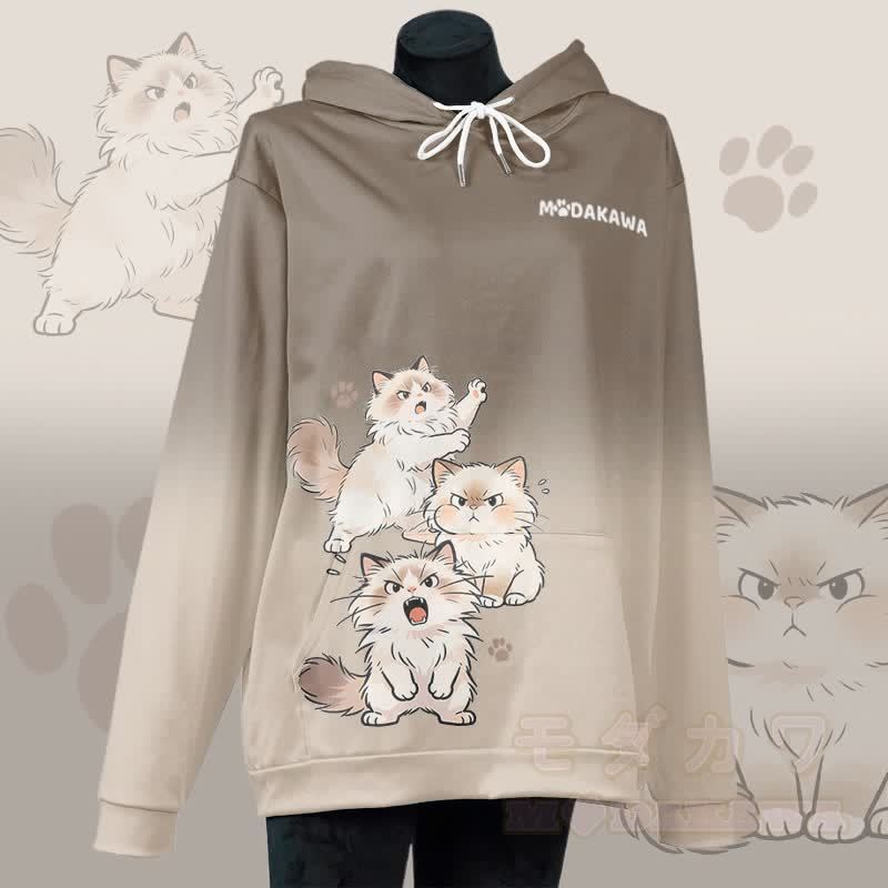 MODAKAWA Pullover-Hoodie mit Allover-Print einer wütenden Katze - Braun - 5XL - image 1