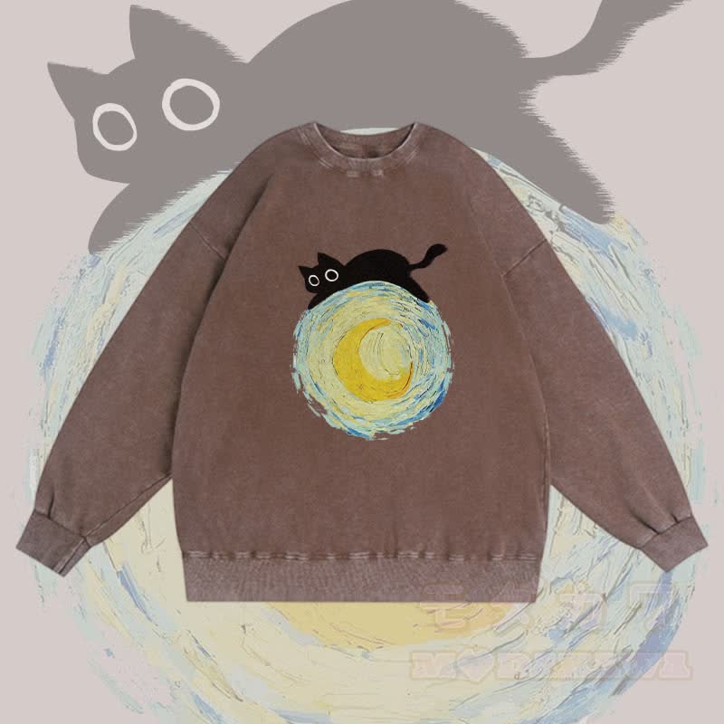 MODAKAWA Unisex-Sweatshirt mit Grafik „Schwarze Katze liegt auf dem Mond“ im Vintage-Stil - Braun - 3XL - image 2