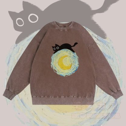 MODAKAWA Unisex-Sweatshirt mit Grafik „Schwarze Katze liegt auf dem Mond“ im Vintage-Stil - Braun - 3XL - image 2