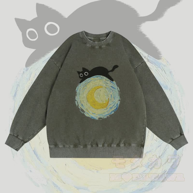 MODAKAWA Unisex-Sweatshirt mit Grafik „Schwarze Katze liegt auf dem Mond“ im Vintage-Stil - Grün - 3XL - image 1