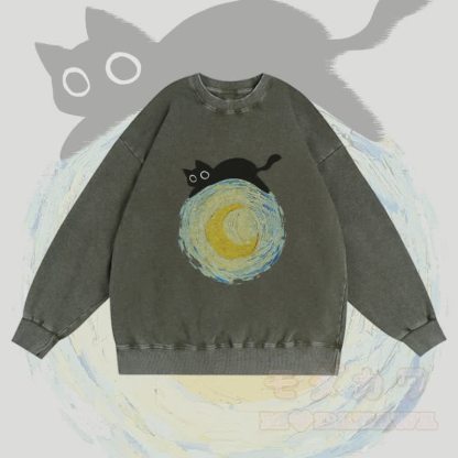 MODAKAWA Unisex-Sweatshirt mit Grafik „Schwarze Katze liegt auf dem Mond“ im Vintage-Stil - Grün - 3XL - image 1