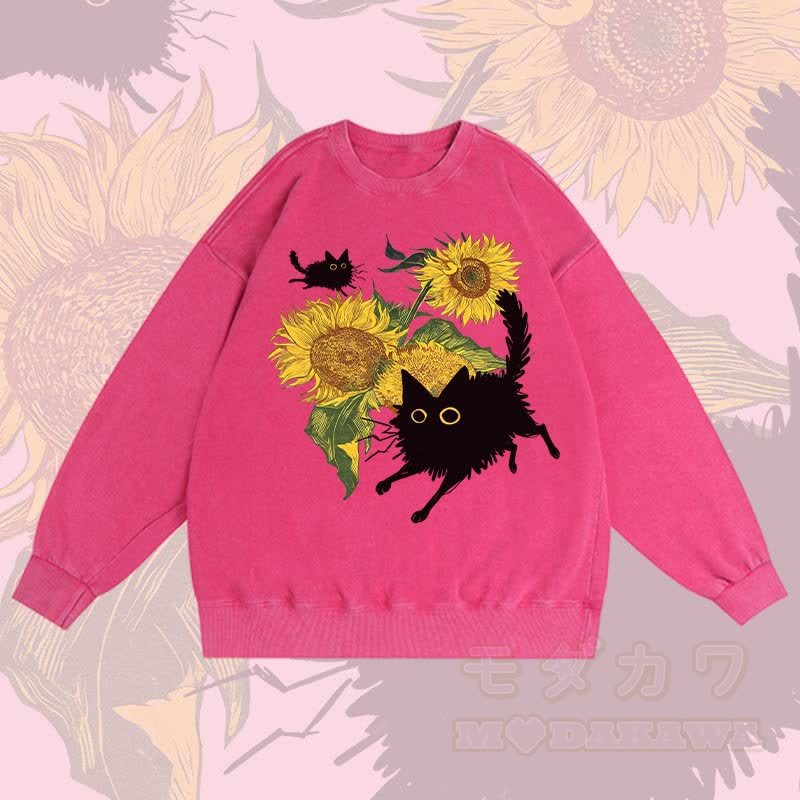 MODAKAWA Unisex-Sweatshirt mit schwarzer Katze und Sonnenblumen-Grafik im Vintage-Stil - Rosenrot - 3XL - image 3