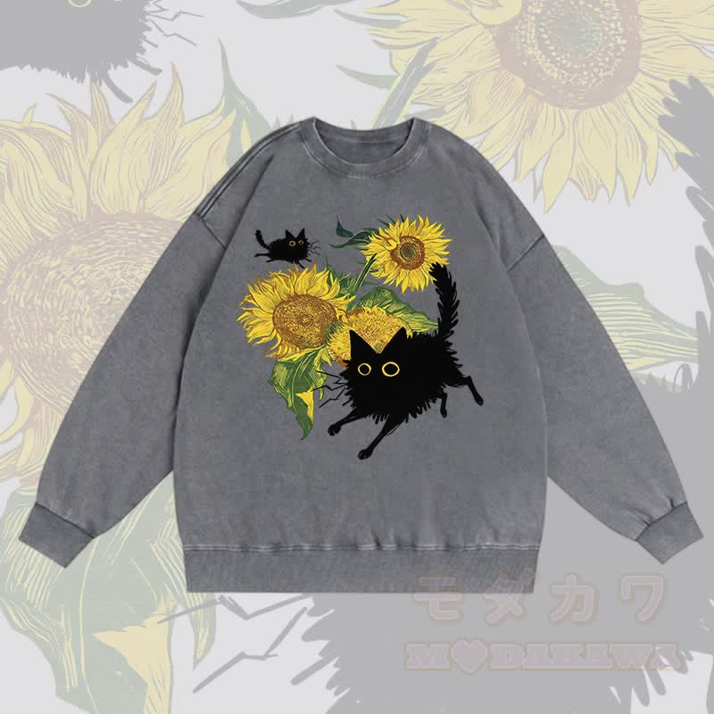 MODAKAWA Unisex-Sweatshirt mit schwarzer Katze und Sonnenblumen-Grafik im Vintage-Stil - Grau - 3XL - image 2
