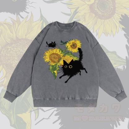 MODAKAWA Unisex-Sweatshirt mit schwarzer Katze und Sonnenblumen-Grafik im Vintage-Stil - Grau - 3XL - image 2