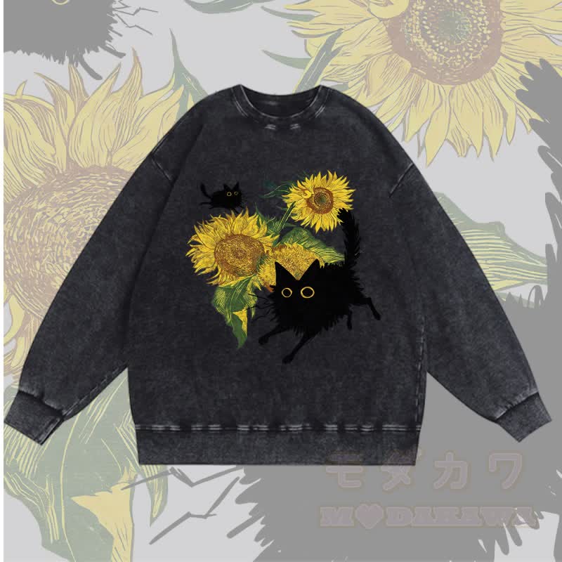 MODAKAWA Unisex-Sweatshirt mit schwarzer Katze und Sonnenblumen-Grafik im Vintage-Stil - Schwarz - 3XL - image 4