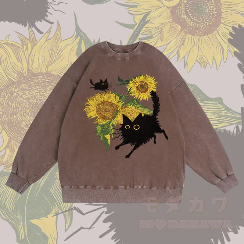 MODAKAWA Unisex-Sweatshirt mit schwarzer Katze und Sonnenblumen-Grafik im Vintage-Stil - Braun - 3XL - image 1