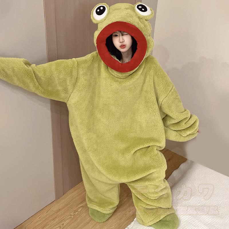 Verspielter Frosch Plüsch-Kapuzen-Einteiler-Schlafanzug - image 1