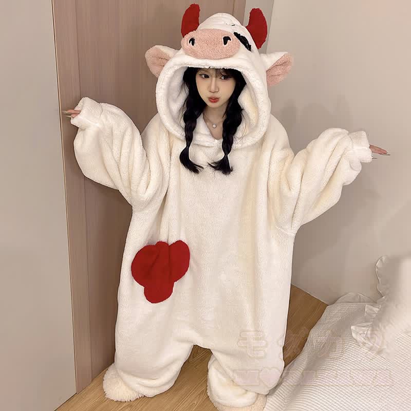 Kuh-Plüsch-Kapuzen-Einteiler-Schlafanzug - image 1