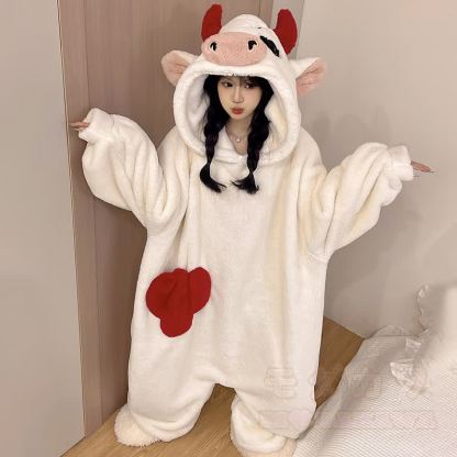 Kuh-Plüsch-Kapuzen-Einteiler-Schlafanzug - image 1