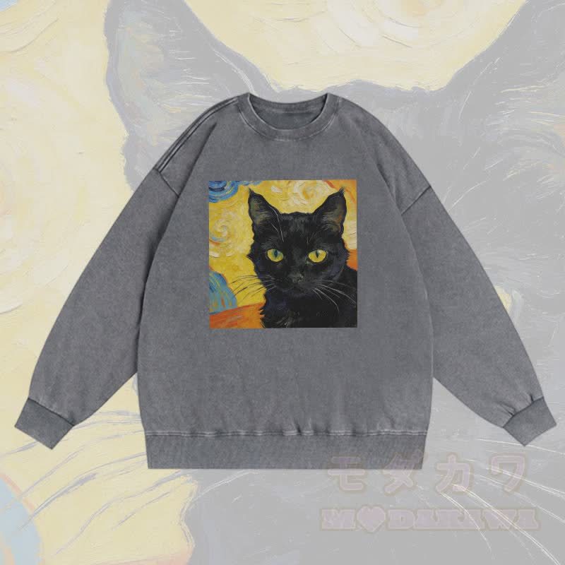 MODAKAWA Unisex-Sweatshirt mit schwarzem Katzenporträt-Grafik im Vintage-Stil - Grau - 3XL - image 2