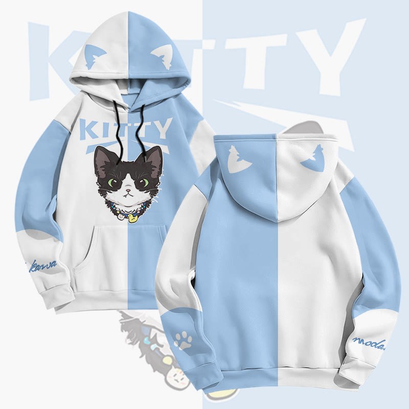 MODAKAWA Pullover-Hoodie mit niedlichem Katzenmotiv und Allover-Print - Blue - 8XL - image 1