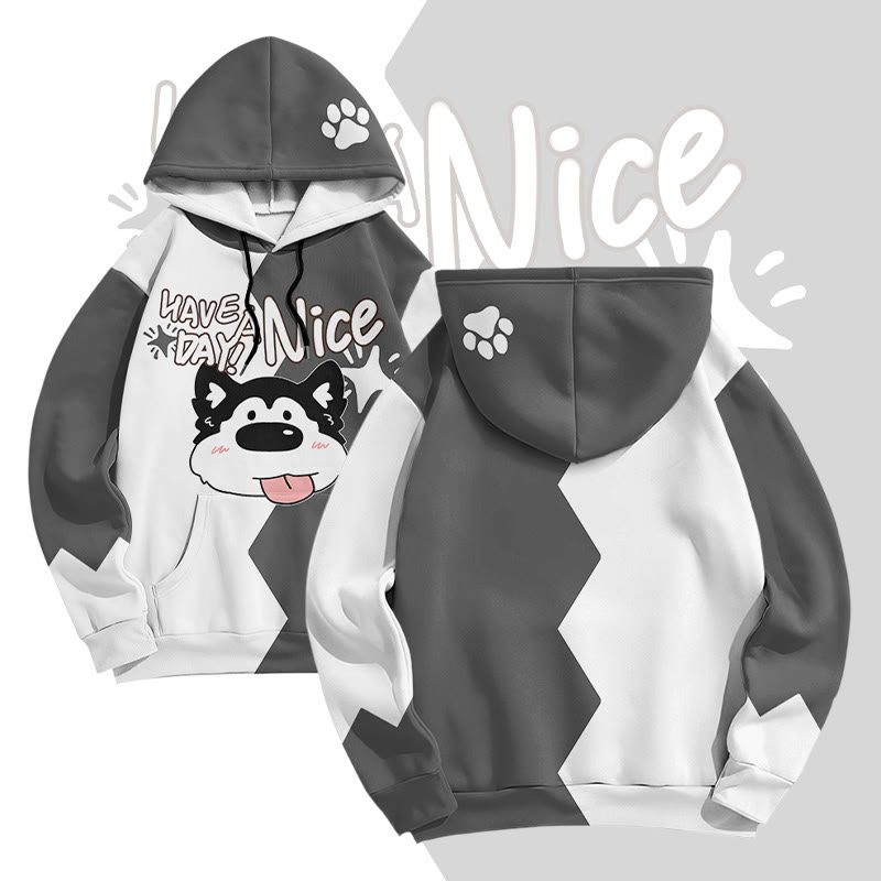 MODAKAWA HAB A NICE DAY TAG Pullover-Hoodie mit herausgestreckter Zunge und Welpenmotiv (Allover-Print) - Grey - 8XL - image 1