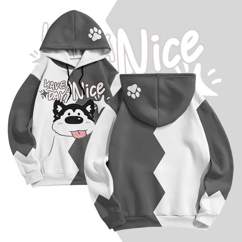 MODAKAWA HAB A NICE DAY TAG Pullover-Hoodie mit herausgestreckter Zunge und Welpenmotiv (Allover-Print) - Grey - 8XL - image 1