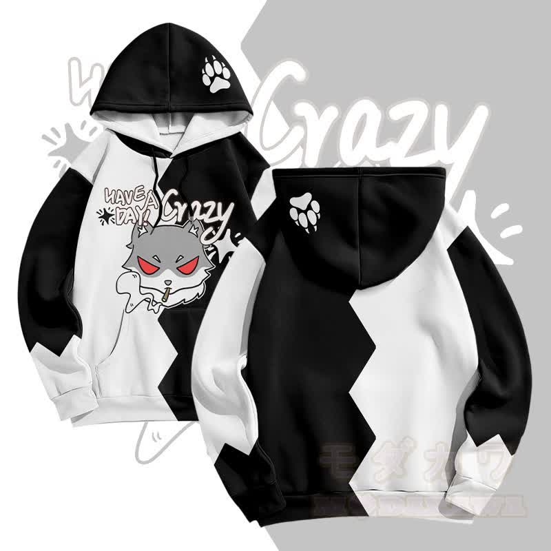 MODAKAWA HAB EINEN VERRÜCKTEN TAG Pullover-Hoodie mit Raucherwolf-Grafik und Allover-Print - Schwarz - 5XL - image 2