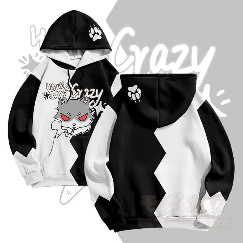 MODAKAWA HAB EINEN VERRÜCKTEN TAG Pullover-Hoodie mit Raucherwolf-Grafik und Allover-Print - Schwarz - 5XL - image 2