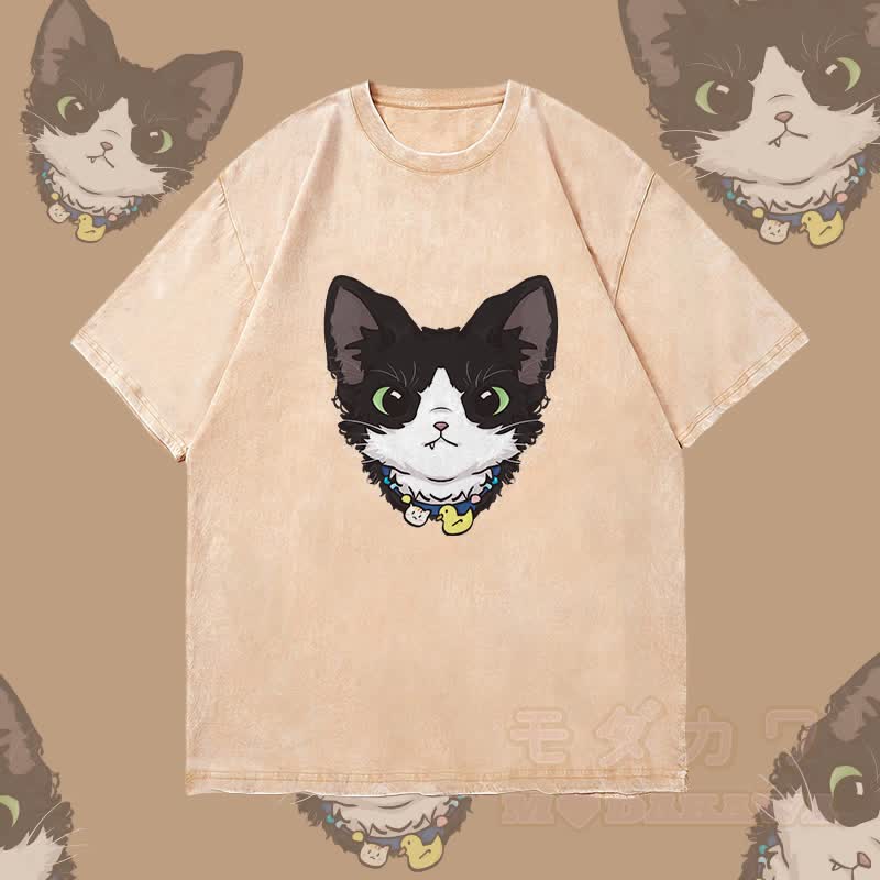 MODAKAWA Unisex-T-Shirt mit niedlichem Katzenmotiv im Vintage-Stil - Aprikose - 4XL - image 2