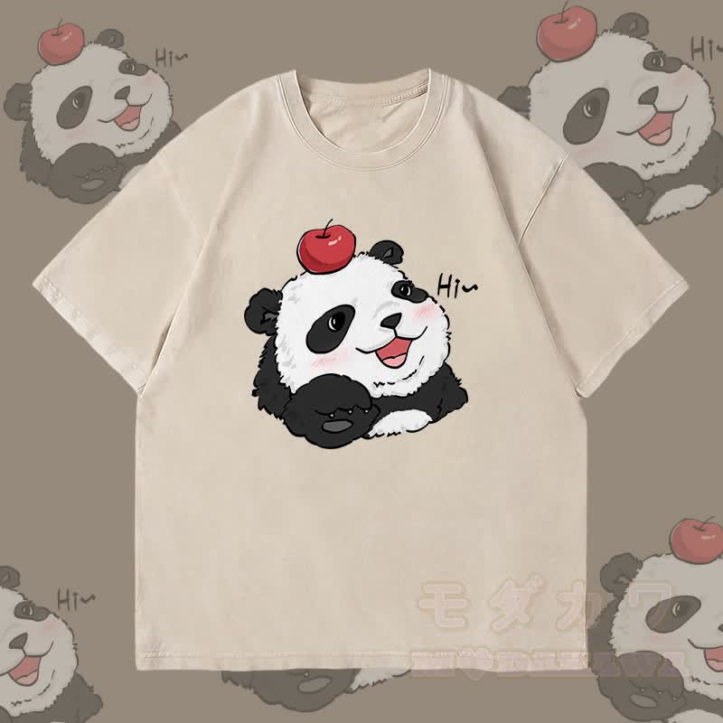 MODAKAWA Panda mit Apfel-Motiv Unisex Vintage Washed T-Shirt - Beige - 4XL - image 2