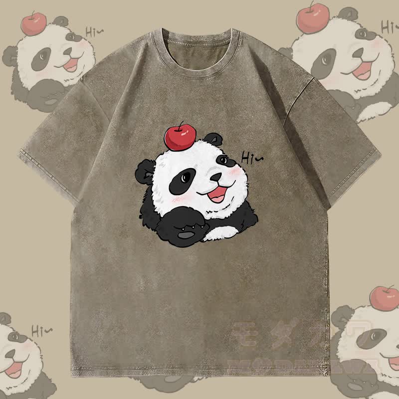 MODAKAWA Panda mit Apfel-Motiv Unisex Vintage Washed T-Shirt - Dunkelbraun - 4XL - image 1