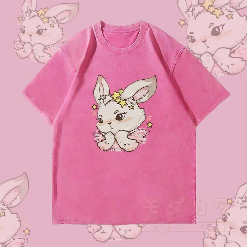 MODAKAWA Star Bunny Grafik Unisex Vintage Washed T-Shirt - Rosenrot - 4XL - image 2