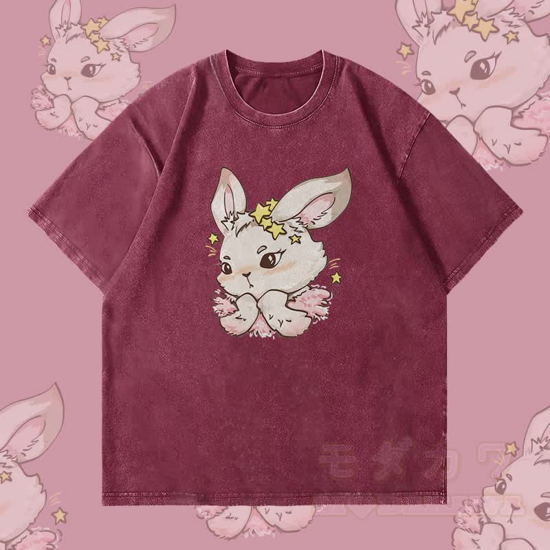 MODAKAWA Star Bunny Grafik Unisex Vintage Washed T-Shirt - Weinrot - 4XL - image 1