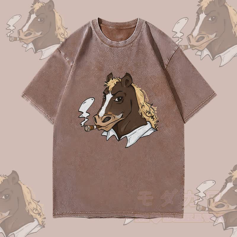 MODAKAWA Smoking Horse Grafik Unisex Vintage Washed T-Shirt - Hellbraun - 4XL - image 2