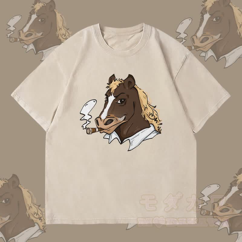 MODAKAWA Smoking Horse Grafik Unisex Vintage Washed T-Shirt - Beige - 4XL - image 1