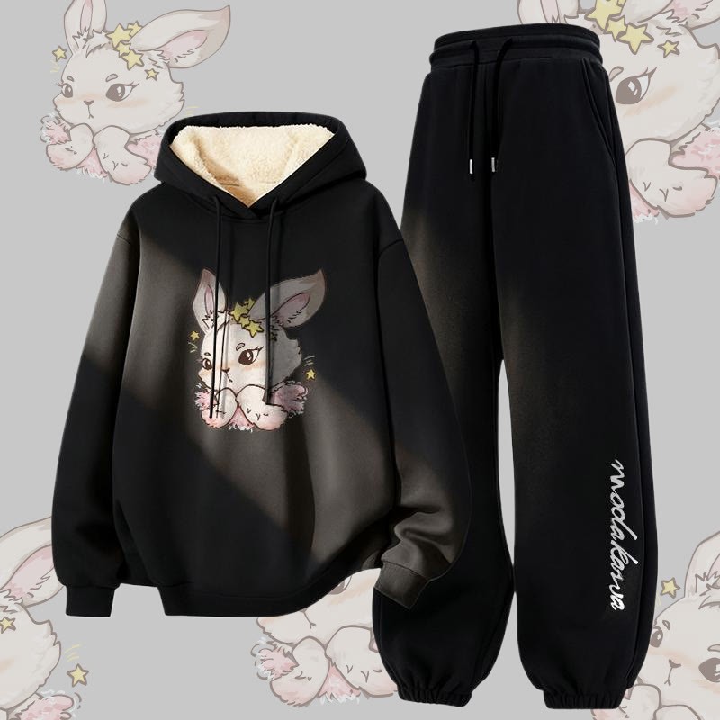 MODAKAWA Star Bunny Graphic Zweiteiliges Set aus dick gefüttertem Hoodie und Hose mit Fleece-Futter - Black - 5XL - image 4