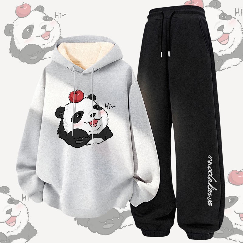 MODAKAWA Panda mit Apfel-Motiv, dick gefütterter Hoodie und Hose, zweiteiliges Set - Grey&Black - 5XL - image 1