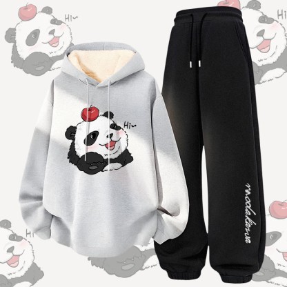 MODAKAWA Panda mit Apfel-Motiv, dick gefütterter Hoodie und Hose, zweiteiliges Set - Grey&Black - 5XL - image 1