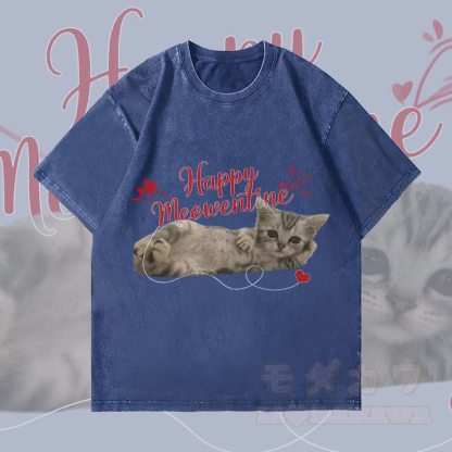 MODAKAWA HAPPY MEOWENTINE Süßes Katzenmotiv Unisex Vintage Washed T-Shirt - Dunkelblau - 4XL - image 2