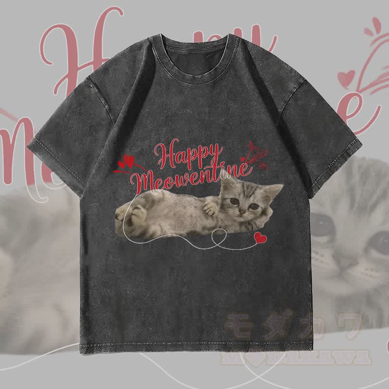 MODAKAWA HAPPY MEOWENTINE Süßes Katzenmotiv Unisex Vintage Washed T-Shirt - Schwarz - 4XL - image 1