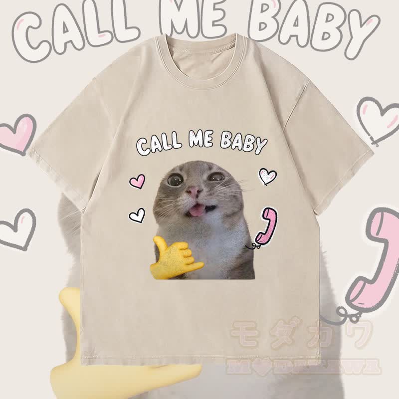 MODAKAWA CALL ME BABY Lustiges Katzenmotiv Unisex Vintage Washed T-Shirt - Beige - 4XL - image 2