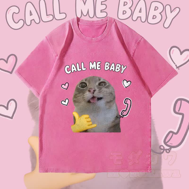 MODAKAWA CALL ME BABY Lustiges Katzenmotiv Unisex Vintage Washed T-Shirt - Rosenrot - 4XL - image 1