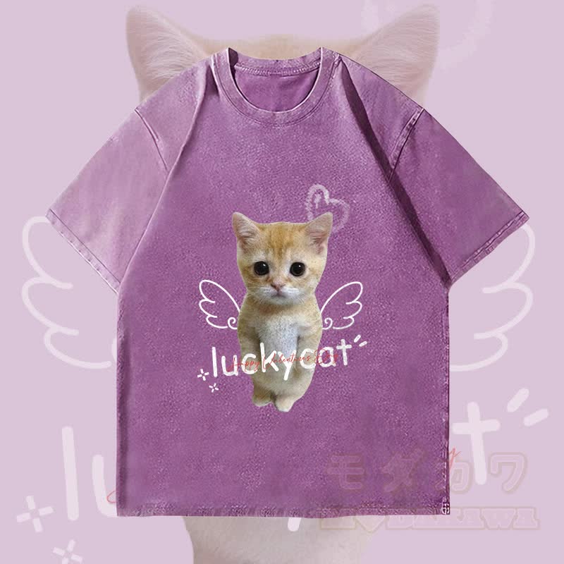 MODAKAWA LUCKY CAT Engelkatze Grafik Unisex Vintage Washed T-Shirt - Lila - 4XL - image 2