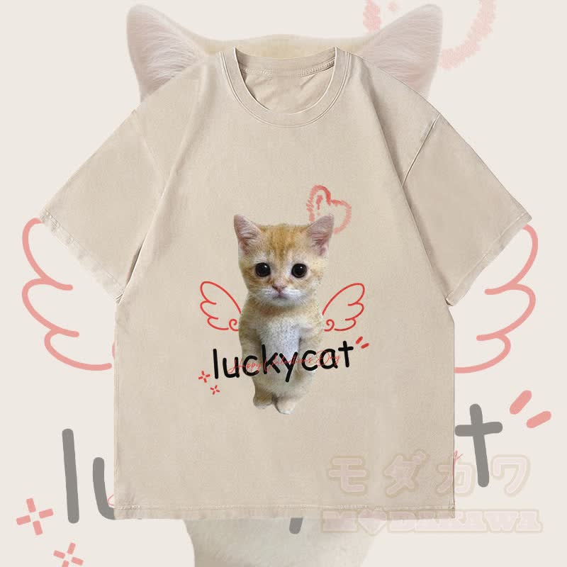 MODAKAWA LUCKY CAT Engelkatze Grafik Unisex Vintage Washed T-Shirt - Beige - 4XL - image 1