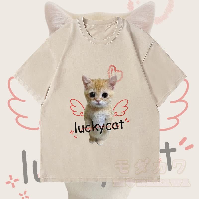 MODAKAWA LUCKY CAT Engelkatze Grafik Unisex Vintage Washed T-Shirt - Beige - 4XL - image 1