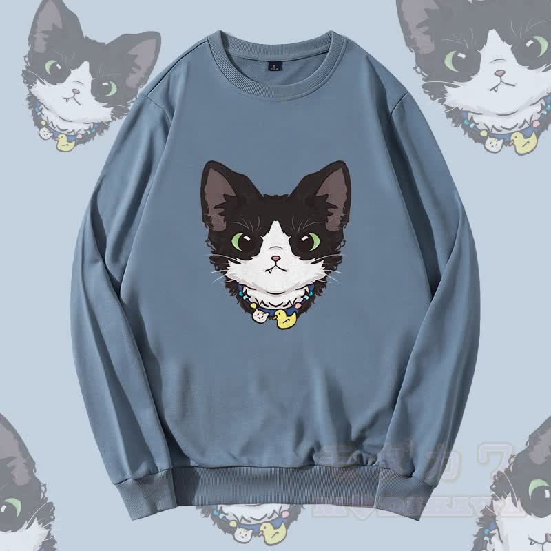 MODAKAWA Sweatshirt mit niedlichem Katzenmotiv und Rundhalsausschnitt - Staubiges Blau - 5XL - image 1