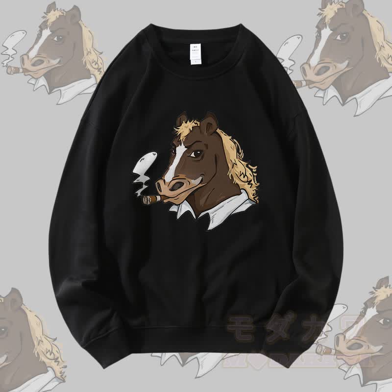 MODAKAWA Smoking Horse Graphic Round Collar Sweatshirt - Schwarz - 5XL - image 4