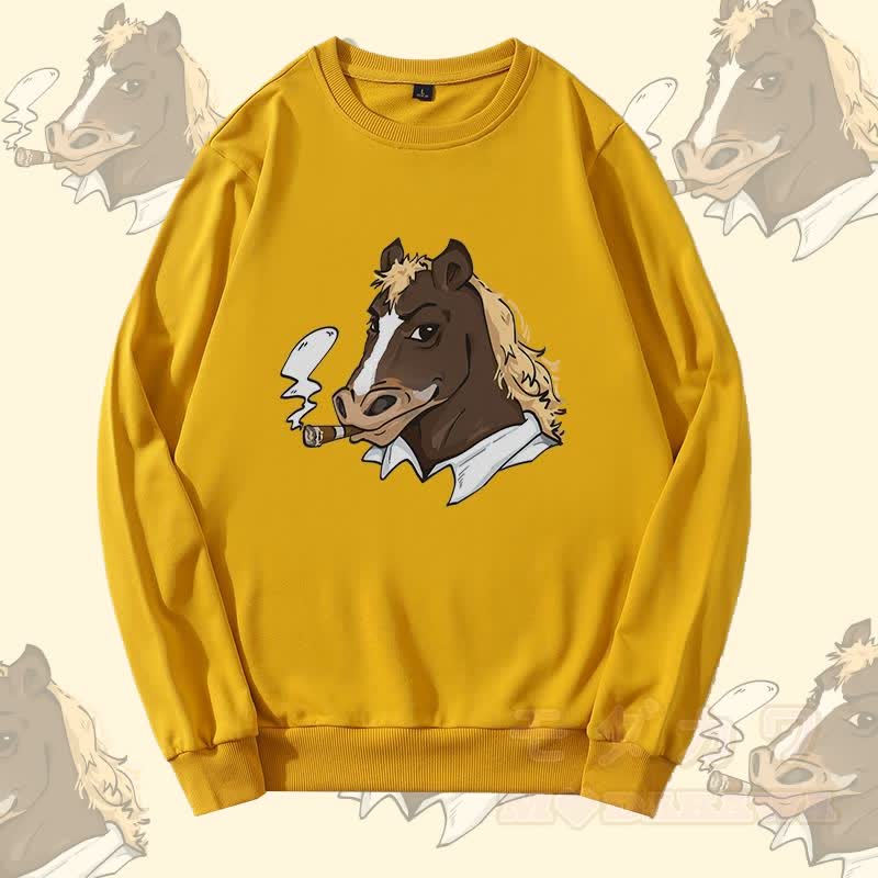 MODAKAWA Smoking Horse Graphic Round Collar Sweatshirt - Gelb - 5XL - image 1