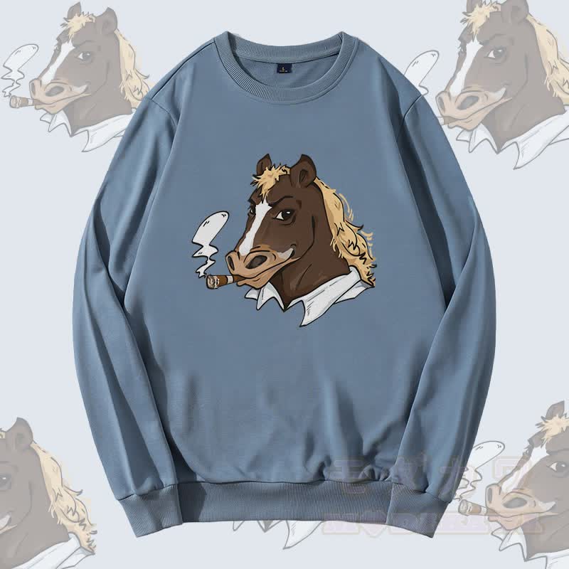 MODAKAWA Smoking Horse Graphic Round Collar Sweatshirt - Staubiges Blau - 5XL - image 2