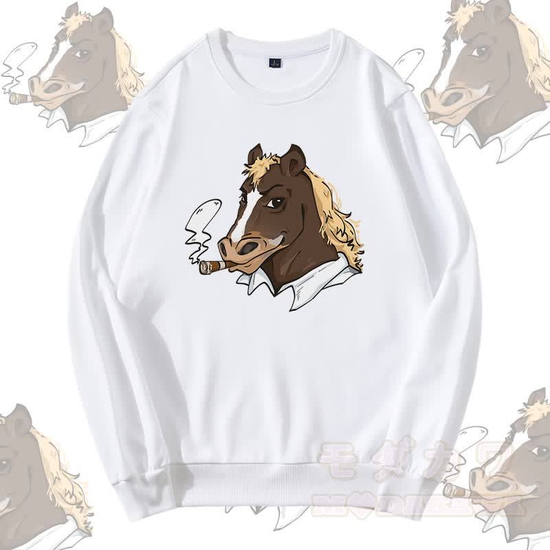 MODAKAWA Smoking Horse Graphic Round Collar Sweatshirt - Weiß - 5XL - image 3