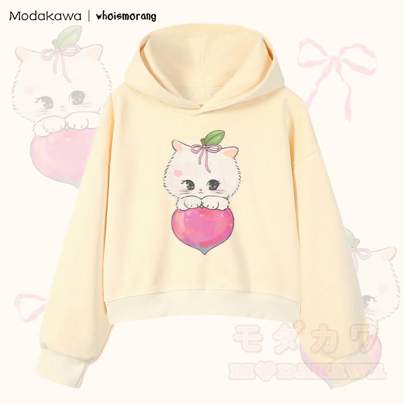 MODAKAWA X whoismorang Katzen- und Fruchtgrafik Cropped Cotton Hoodie - Aprikose - 3XL - image 2