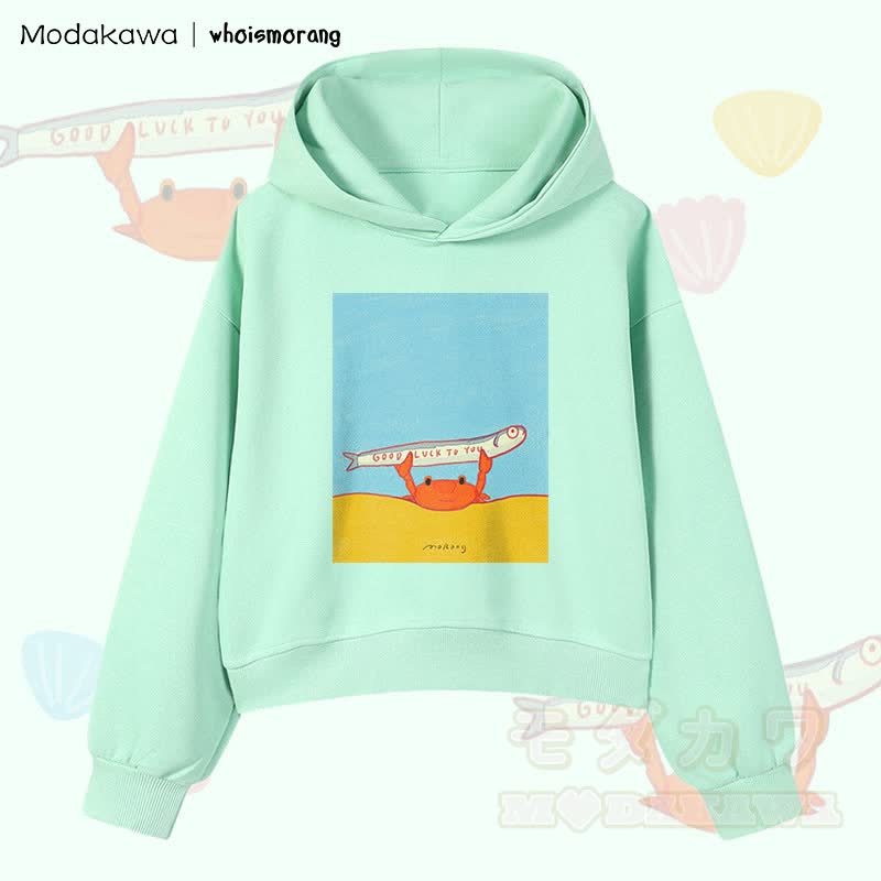 MODAKAWA X whoismorang GOOD LUCK TO YOU – Kurzer Baumwoll-Hoodie mit Krabbenmotiv und Fischmotiv - Grün - 3XL - image 1
