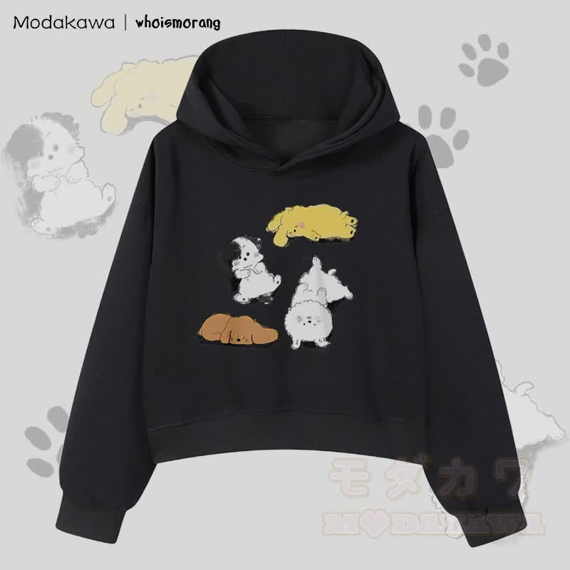 MODAKAWA X whoismorang Niedlicher Welpen-Grafik-Hoodie aus Baumwolle, kurz geschnitten - Schwarz - 3XL - image 1