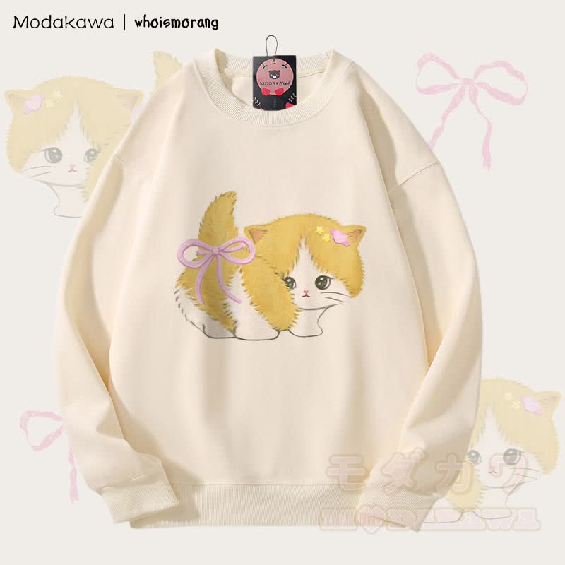 MODAKAWA X whoismorang Bow Tail Cat Graphic Unisex Sweatshirt - Beige - 5XL - image 1